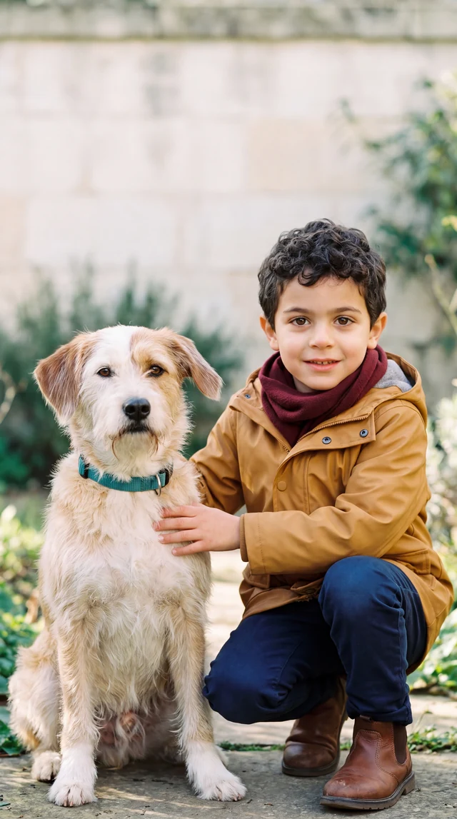תמונת הדגמה שנוצרה ב־AI: ילד בדיוני עם שיער מתולתל וכלב לבן וחום